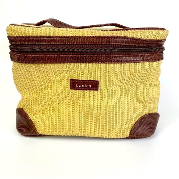 Basics Handbags - Basics woven tan & brown toiletries cosmetics bg
